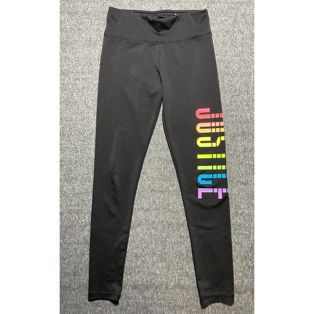 Girl's Size 10  JUSTICE Black Rainbow Glitter Logo Leggings